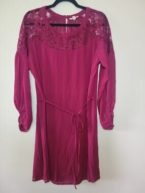 Women's Lace Cold Shoulder Dress Ballon Sleeve Size L Burgundy Minimalist Chic